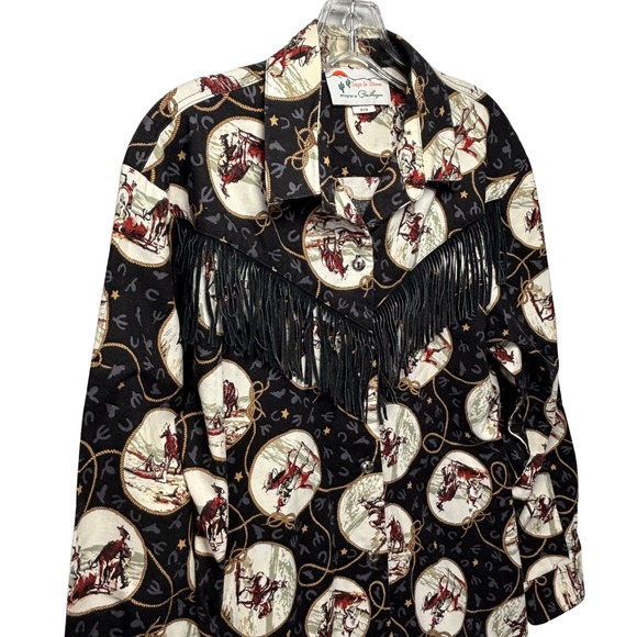 Sage In Bloom Western Fringe Cowboy Rodeo Print Button Up Shirt Medium - Picture 1 of 9